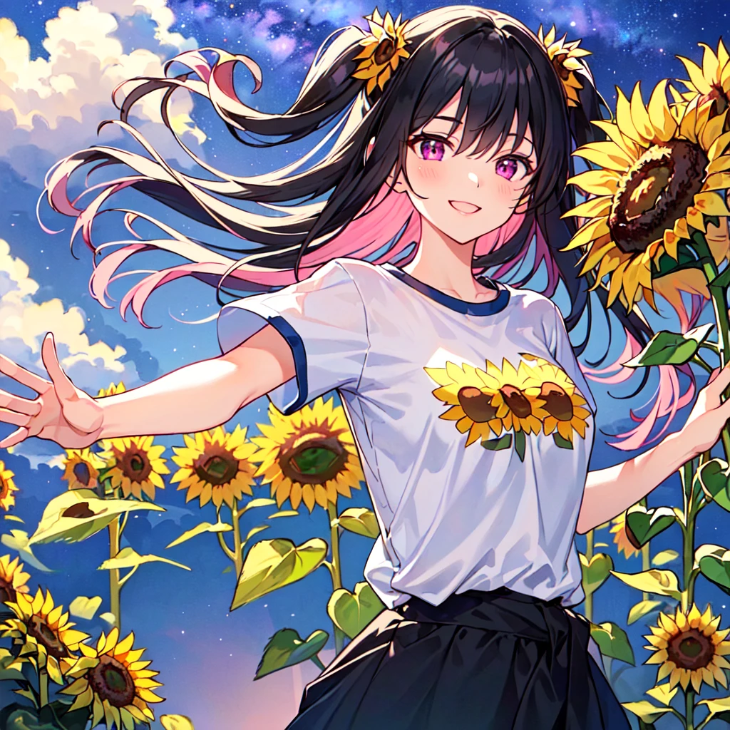 masterpiece, best quality, high quality, extremely detailed, very delicate and beautiful, (1 female 18 years old solo:1.2), (long black hair two-side up to waist:1.4), bangs to eyebrows, eyes Eyebrows glossy, (eye color magenta:1.3), 6.5 head height, ( T-shirt sunflower print fashion:1.3), knee socks, (smiling), (hands outstretched), (standing), (dynamic pose), (background sunflower field:1.3), (Milky Way Night Sky: 1.3),(upper body:1.3)