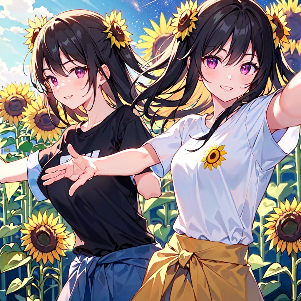 masterpiece, best quality, high quality, extremely detailed, very delicate and beautiful, (1 female 18 years old solo:1.2), (long black hair two-side up to waist:1.4), bangs to eyebrows, eyes Eyebrows glossy, (eye color magenta:1.3), 6.5 head height, ( T-shirt sunflower print fashion:1.3), knee socks, (smiling), (hands outstretched), (standing), (dynamic pose), (background sunflower field:1.3), (Milky Way Night Sky: 1.3),(upper body:1.3)