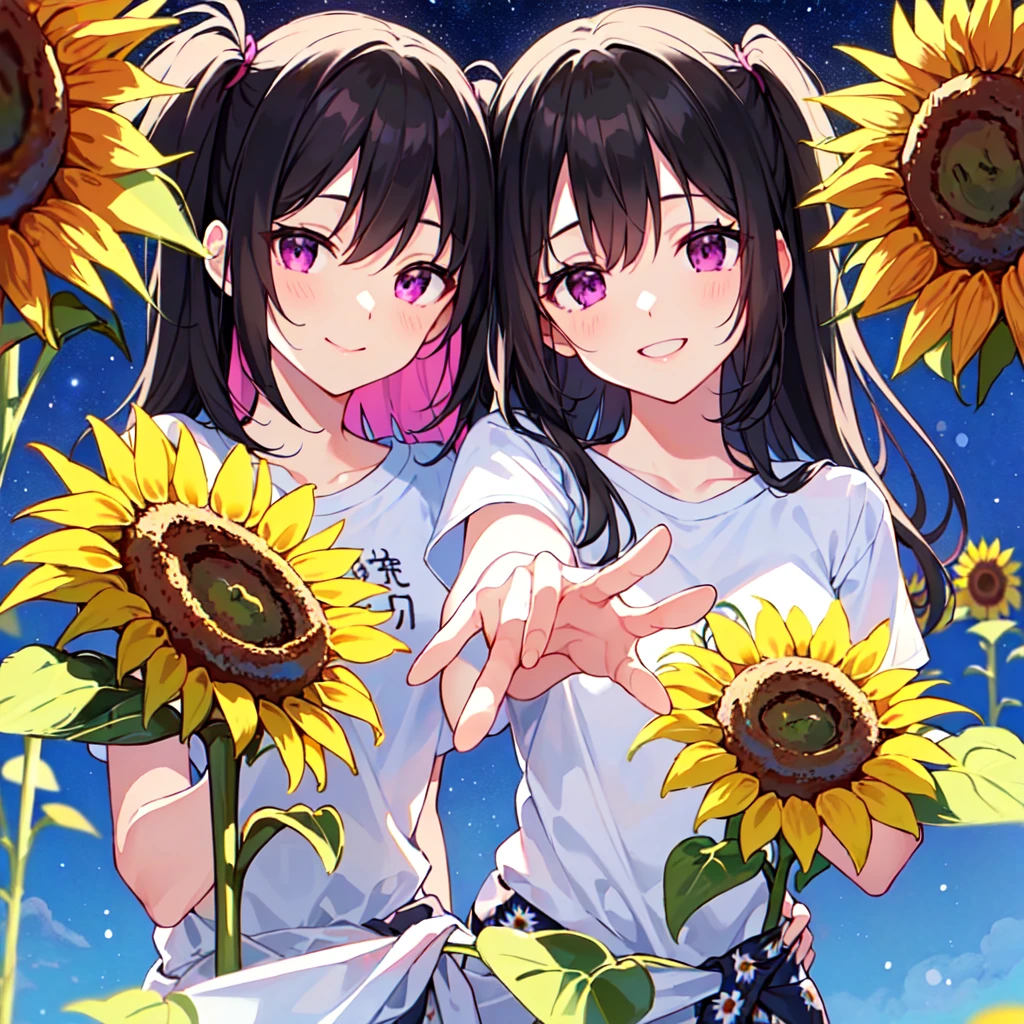 masterpiece, best quality, high quality, extremely detailed, very delicate and beautiful, (1 female 18 years old solo:1.2), (long black hair two-side up to waist:1.4), bangs to eyebrows, eyes Eyebrows glossy, (eye color magenta:1.3), 6.5 head height, ( T-shirt sunflower print fashion:1.3), knee socks, (smiling), (hands outstretched), (standing), (dynamic pose), (background sunflower field:1.3), (Milky Way Night Sky: 1.3),(upper body:1.3)