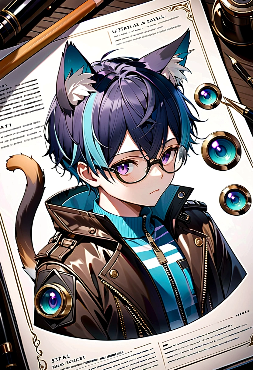 Cute boy with purple and blue hair, Striped hair, Short hairstyle, Wearing goggles，Wearing a leather jacket, Color tattoo, Detailed accessories, ([Cat tail and ears]:1.3), (Intricate details), Human Development Report, (Intricate details, Ultra Detailed:1.2), Lenses, Vignette, Center