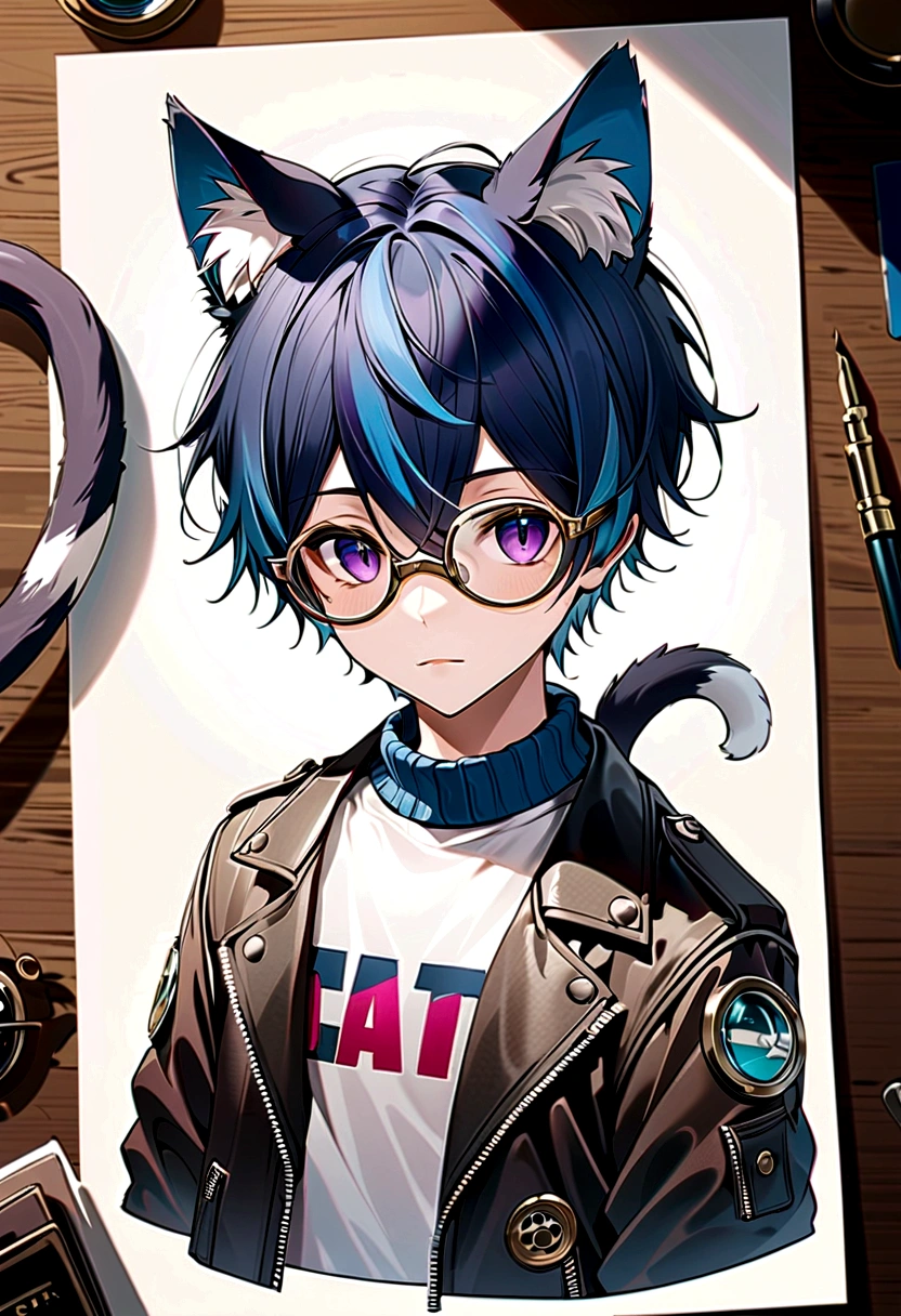 Cute boy with purple and blue hair, Striped hair, Short hairstyle, Wearing goggles，Wearing a leather jacket, Color tattoo, Detailed accessories, ([Cat tail and ears]:1.3), (Intricate details), Human Development Report, (Intricate details, Ultra Detailed:1.2), Lenses, Vignette, Center