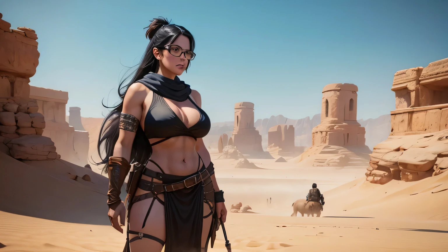 In a desert with a sandstorm, a curvy sexy sweaty woman with black hair and glasses, conan exiles, survival clothing, In the background a strong man in desert clothing can be seen,