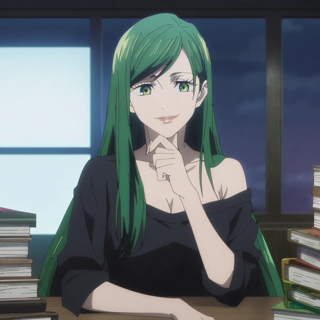 1girl, anime screencap from jujutsu kaisen, solo, very long_hair, ((smooth texture hair)) blue eyes, ((very long green_hair)), night view, breasts, upper_body, smile, indoors, book, bangs, green_eyes, lips, (( very long hair, swept bangs)) wearing black color sweater off the shoulder, breast, "very detailed and high resolution" (green eyes) ((one hand on the chin)) ((smooth texture hair)) ((solo)) ((high resolution)) ((upper body)) (Good quality) cleavage, (sitting)