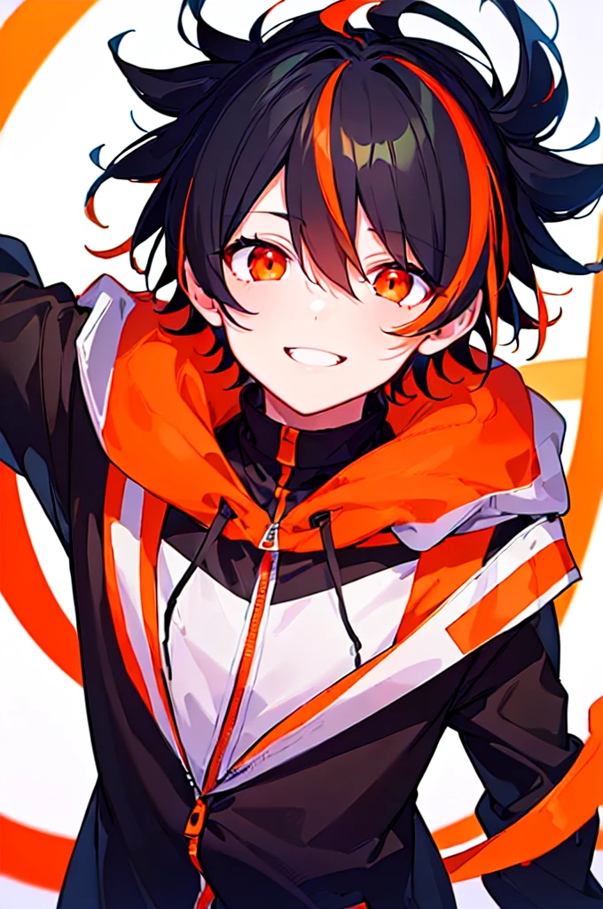 [(WHITE BACKGROUND:1.5),::5], ((((masterpiece)))), high quality, ultra very high resolution, full color, (((solo))), ((little boy)), black hair, ((orange streaked hair)), (red eyes), anime, ((upper body)), neon light, black parka, light smile