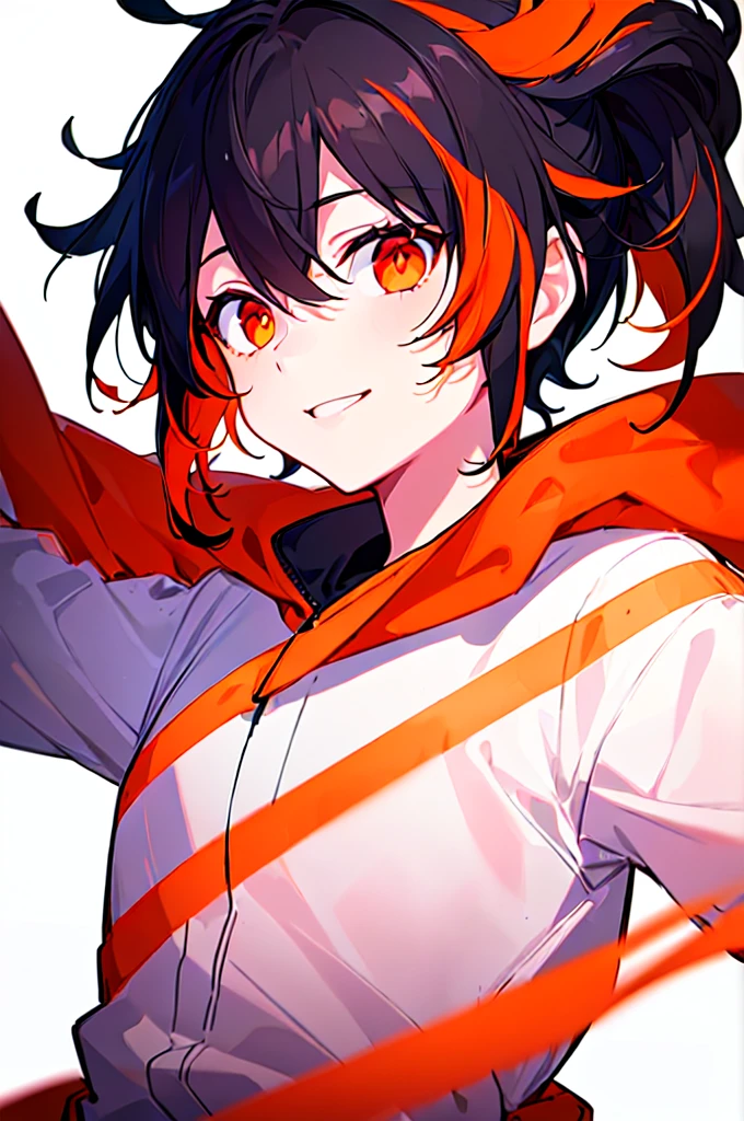 [(WHITE BACKGROUND:1.5),::5], ((((masterpiece)))), high quality, ultra very high resolution, full color, (((solo))), ((little boy)), black hair, ((orange streaked hair)), (red eyes), anime, ((upper body)), neon light, black parka, light smile