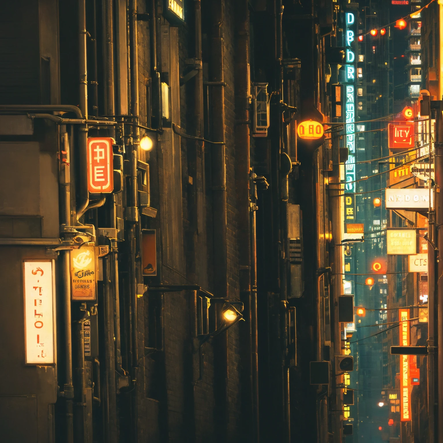 
night,, (city street), (neon sign),) (cinematic), alleyway, (dark night), (street light), (buildings), (rooftop)