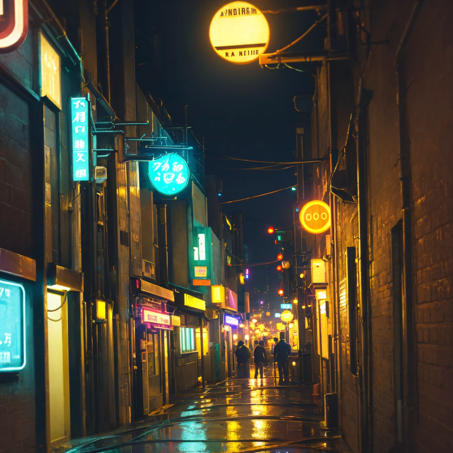 
night,, (city street), (neon sign),) (cinematic), alleyway, (dark night), (street light), (buildings), (rooftop)