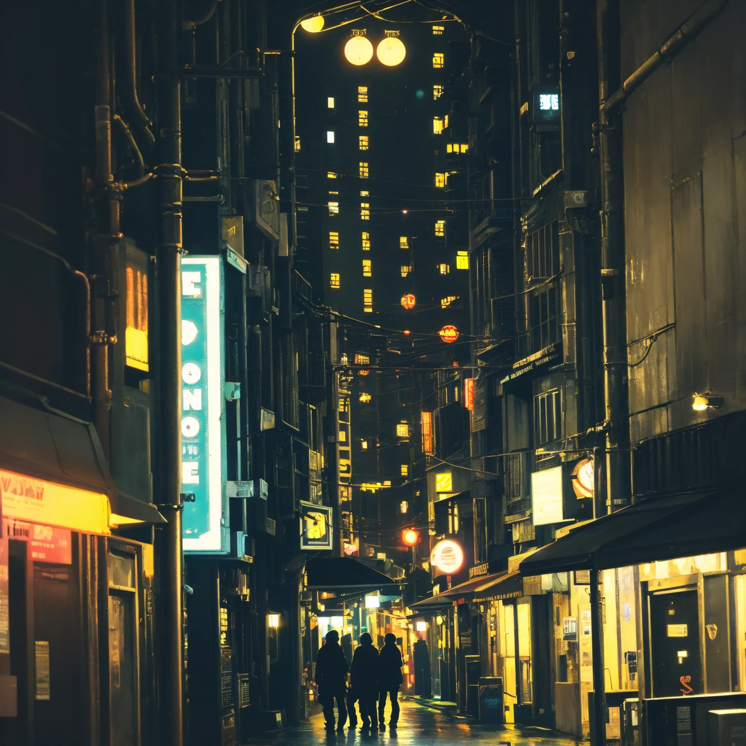 
night,, (city street), (neon sign),) (cinematic), alleyway, (dark night), (street light), (buildings), (rooftop)