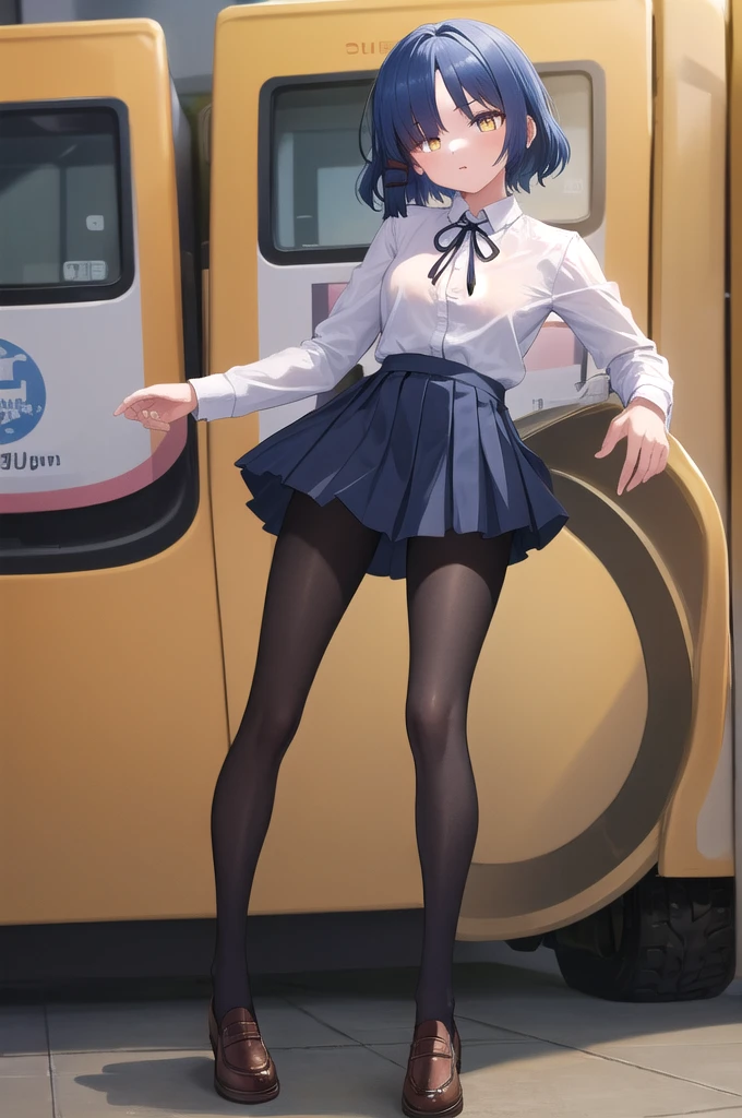 masterpiece, best quality, ultra-high-detailed, 1girl, white shirt, neck ribbon, short over long sleeves, pleated skirt, black pantyhose