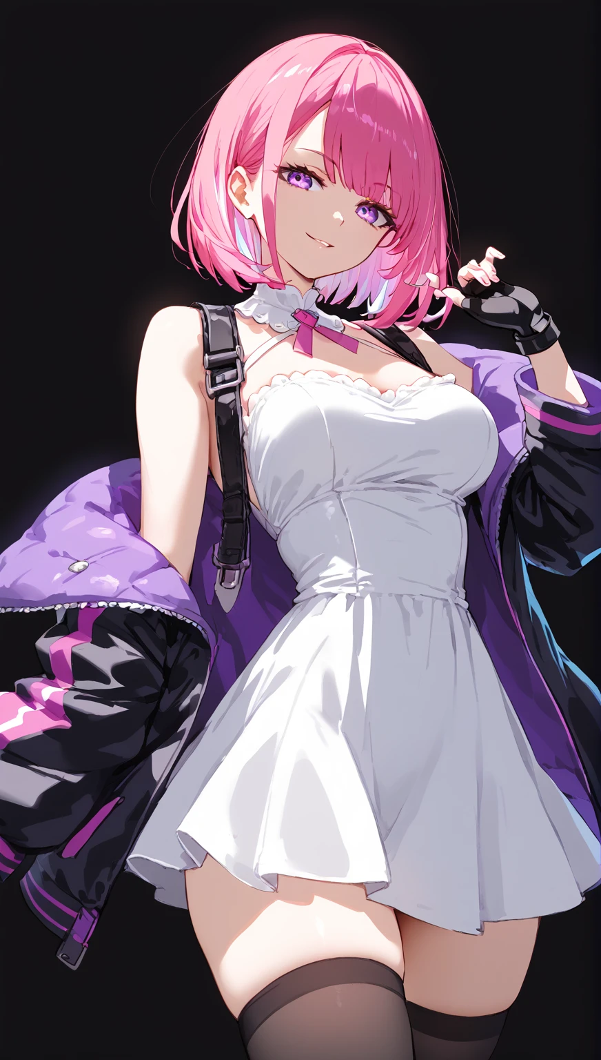 girl with long two-tone hair, dress, thighhighs, open jacket, fingerless gloves BREAK ((simple background, black background))