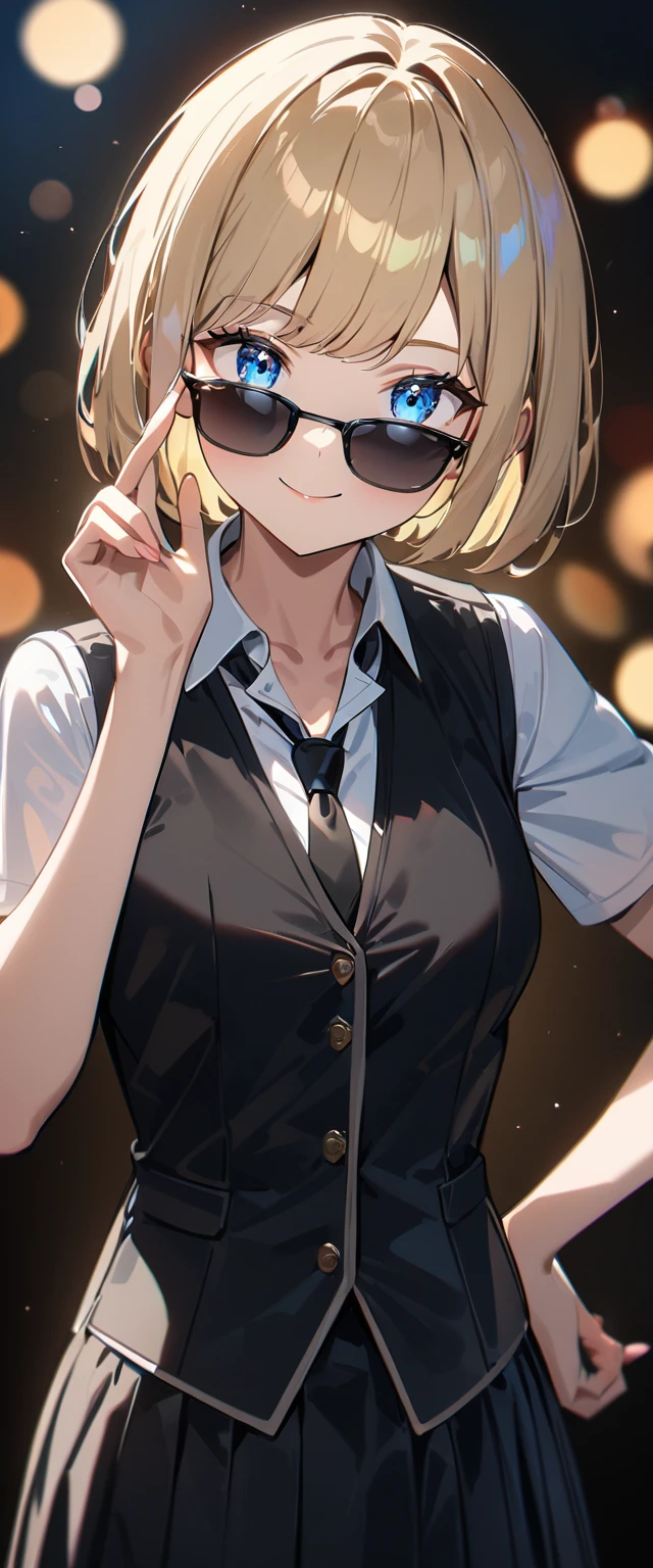 (((One Girl))), Blonde, Bobcut, (Cowboy Shot), ((sunglasses, hand to sunglasses)), (View your viewers), Focus on the face, teenager, Tilt your head:1.3, (((blue eyes))), ((Smile)), ((blush)), Contrasting, Place one hand on hip, (((Exposed clothing))), School summer clothes, (((Open collar))), White shirt, ((Black tie under the waistcoat)), skirt, Black vest, Anime Style, (Highest quality, 4K, 8K, High resolution, masterpiece:1.2, Super detailed, Super detailed eyes, High resolution, 超High resolution, Studio Lighting, Ultra-fine painting, Sharp focus, Physically Based Rendering, Very detailed explanation, Professional, Vibrant colors, Bokeh)