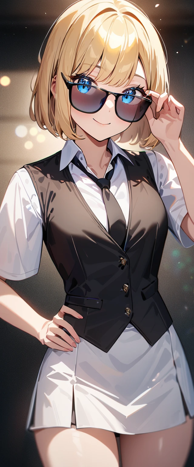 (((One Girl))), Blonde, Bobcut, (Cowboy Shot), ((sunglasses, hand to sunglasses)), (View your viewers), Focus on the face, , Tilt your head:1.3, (((blue eyes))), ((Smile)), ((blush)), Contrasting, Place one hand on hip, (((Exposed clothing))), School summer clothes, (((Open collar))), White shirt, ((Black tie under the waistcoat)), skirt, Black vest, Anime Style, (Highest quality, 4K, 8K, High resolution, masterpiece:1.2, Super detailed, Super detailed eyes, High resolution, 超High resolution, Studio Lighting, Ultra-fine painting, Sharp focus, Physically Based Rendering, Very detailed explanation, Professional, Vibrant colors, Bokeh)