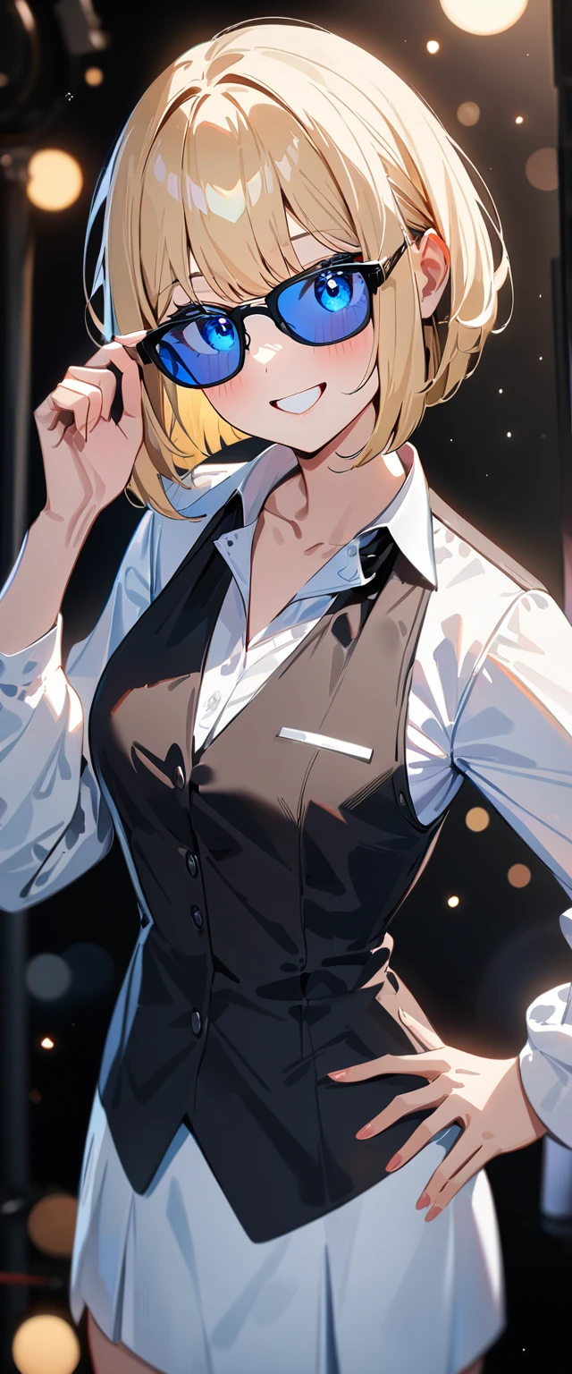 (((One Girl))), Blonde, Bobcut, (Cowboy Shot), ((sunglasses, hand to sunglasses)), (View your viewers), Focus on the face, teenager, Tilt your head:1.3, (((blue eyes))), ((Smile)), ((blush)), Contrasting, Place one hand on hip, (((Exposed clothing))), School summer clothes, (((Open collar))), White shirt, ((Black tie under the waistcoat)), skirt, Black vest, Anime Style, (Highest quality, 4K, 8K, High resolution, masterpiece:1.2, Super detailed, Super detailed eyes, High resolution, 超High resolution, Studio Lighting, Ultra-fine painting, Sharp focus, Physically Based Rendering, Very detailed explanation, Professional, Vibrant colors, Bokeh)