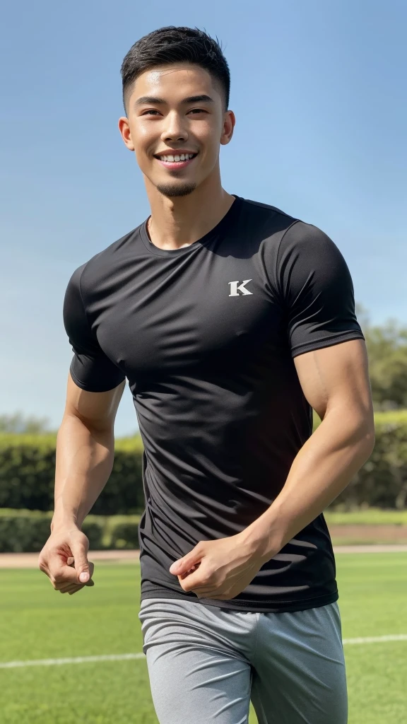 Tony Labrusca, (As a matter of fact, Masterpiece, 8k HD, good light quality, sportswear, fit the face, complicated details), A handsome, muscular young Korean man. , 20 years old, be happy, smile brightly, detailed face, delicate eyes, มองดูsky, Wearing a tight gray t-shirt, period, black eyes, Black hair color, ผมsmooth, smooth, outdoor sports, Along the garden, Sunny,sky，Surreal，Awesome details，Highest quality，real，