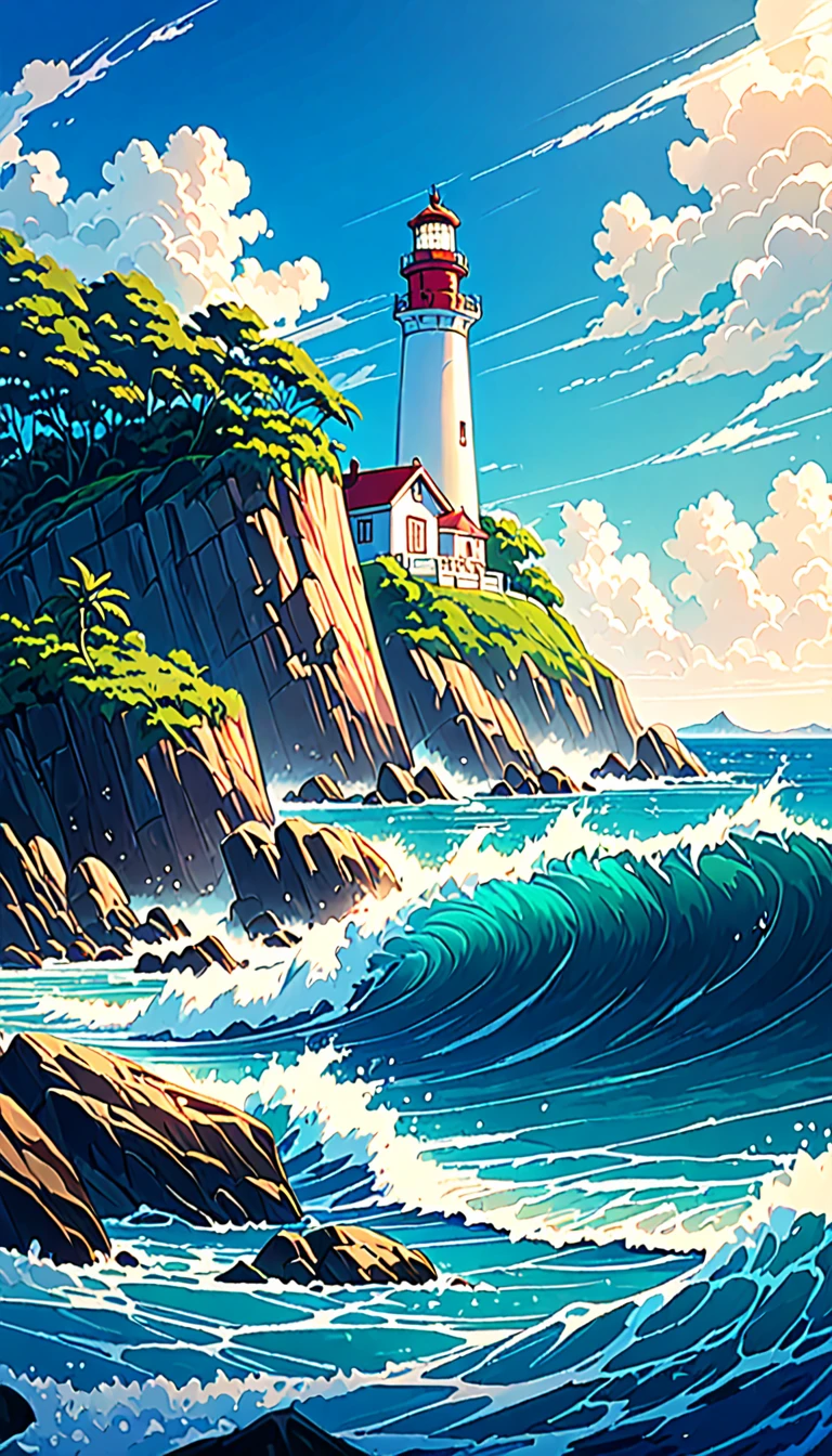 The ocean is right in front of you、Tropics、Ocean、ocean shore、cliff、Bungalow、Resort、turquoise blue、Emerald green、sunshine、water surface、rock、cloud、blue sky、buzzer、Paradise、beautiful、vivid、nature、trip、vacations、beautiful Anime Scenery, Landscape painting, Lighthouse, Beautiful digital painting, andreas rocha, Beautiful artwork illustration, Awesome Wallpapers, Raymond Han, tall beautiful painting, Studio Greebly New Ocean Makoto, Beautiful Wallpaper, Anime Scenery