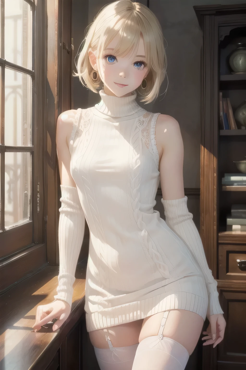 1 Girl, ta、alone, Twist your body,,White lace bangles、((Short length white turtleneck sleeveless wool sweater dress)),((Exquisite white stockings, Small breasts)), ((Thin legs,Tight waist)),blonde, Pixie Cut.Red ruby earrings、 Moist blue eyes, Droopy eyes, smile, kneel down:1.5、 Cowboy Shot、Sharp contours, Highest quality, masterpiece