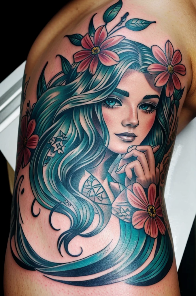 Tattoo of a mermaid with flowers and a mandala