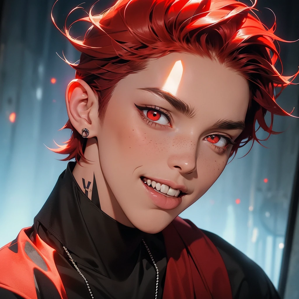 Young man, man, short red hair, close-up portrait, psychotic, crazy smile, bright eyes, red eyes, devil, horns, red complexion, schoolboy outfit, cross earring, black piercing, black tattoo, tight outfit, long eyelash, freckle, sensual pose, posing, looking at the camera, tongue sticking out, reptile tongue, vampire teeth.
