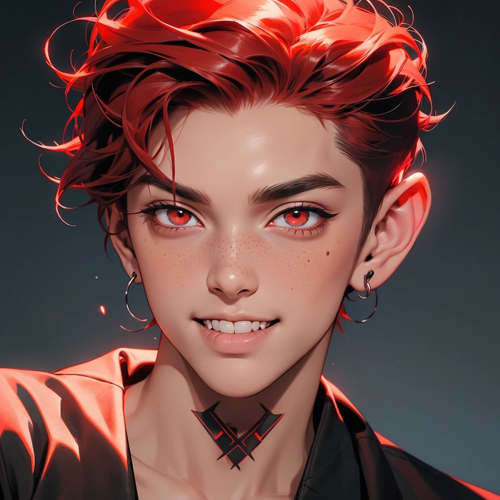 Young man, man, short red hair, close-up portrait, psychotic, crazy smile, bright eyes, red eyes, devil, horns, red complexion, schoolboy outfit, cross earring, black piercing, black tattoo, tight outfit, long eyelash, freckle, sensual pose, posing, looking at the camera, tongue sticking out, reptile tongue, vampire teeth.