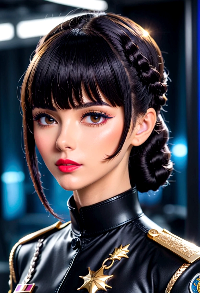 Movie海报,Anime Reference 86 ,Science Fiction小说,Science Fiction,Movie,War Action ,Multiple characters,woman,Adults,Black Hair,(Pia Bangs Hairstyle : 1.8 ),Wearing red glasses,General's uniform,White Commander,Realistic facial details,realism,3d face,((Braided hairstyle)),((Braided hairstyle)),