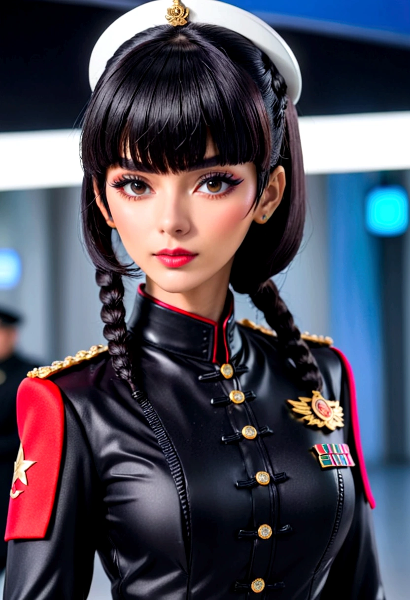 Movie海报,Anime Reference 86 ,Science Fiction小说,Science Fiction,Movie,War Action ,Multiple characters,woman,Adults,Black Hair,(Pia Bangs Hairstyle : 1.8 ),Wearing red glasses,General's uniform,White Commander,Realistic facial details,realism,3d face,((Braided hairstyle)),((Braided hairstyle)),