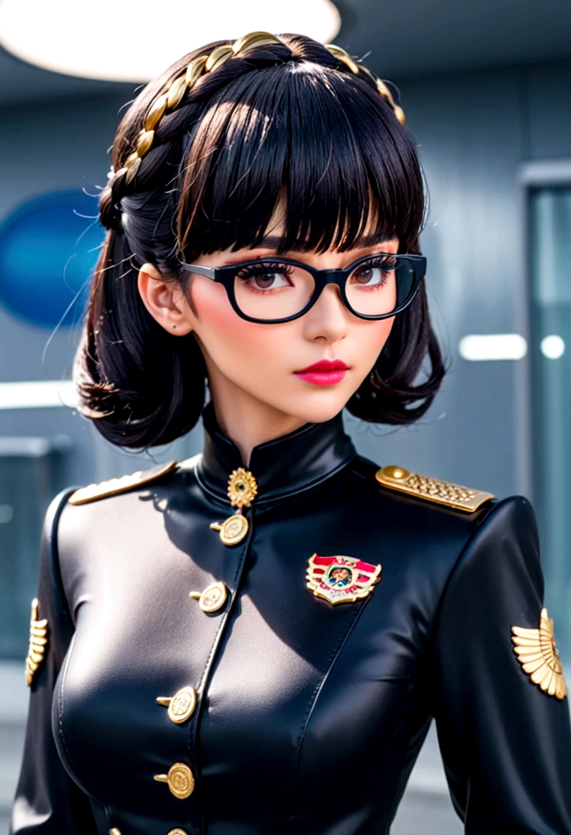 Movie海报,Anime Reference 86 ,Science Fiction小说,Science Fiction,Movie,War Action ,Multiple characters,woman,Adults,Black Hair,(Pia Bangs Hairstyle : 1.8 ),Wearing red glasses,General's uniform,White Commander,Realistic facial details,realism,3d face,((Braided hairstyle)),((Braided hairstyle)),