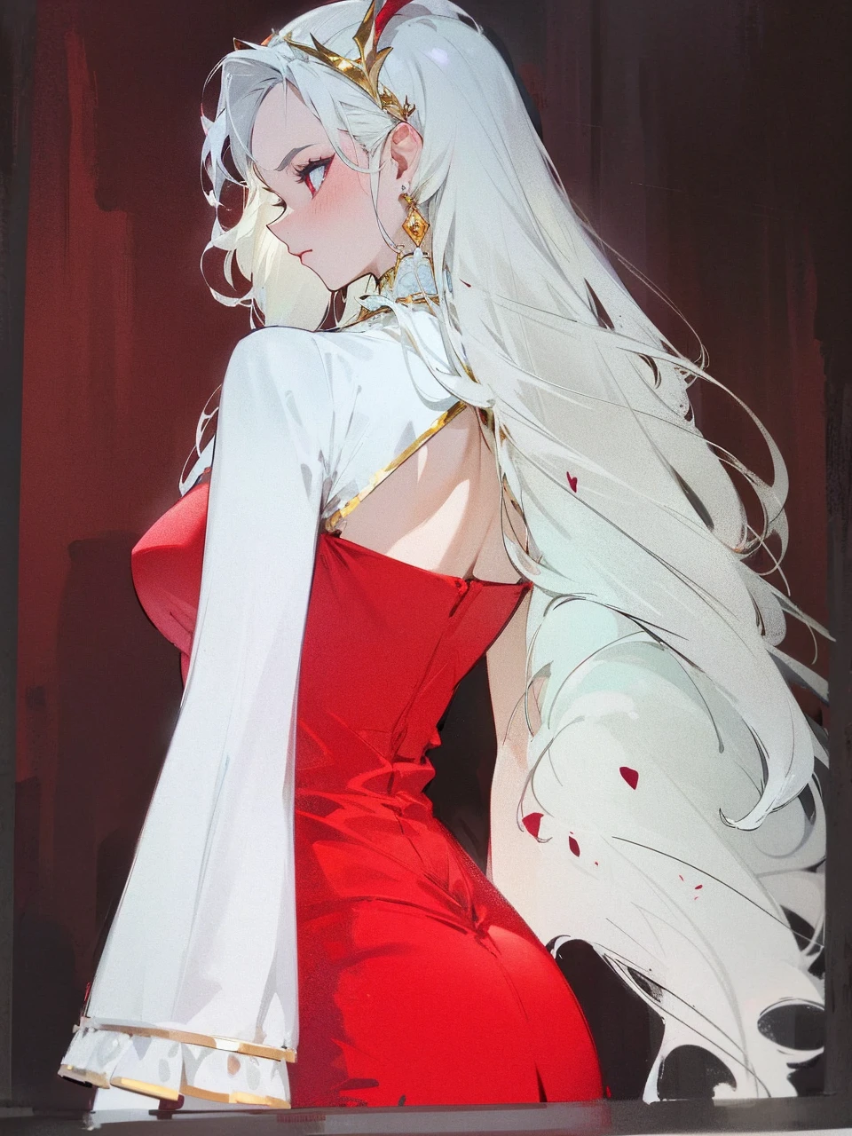 Add in roses to her dress, a good back dress design with some golden jewelry, make her dress into a red and white gown with a hat, give her some unique Jewelry, and make her look somewhat of a demonic angel like appearance to her