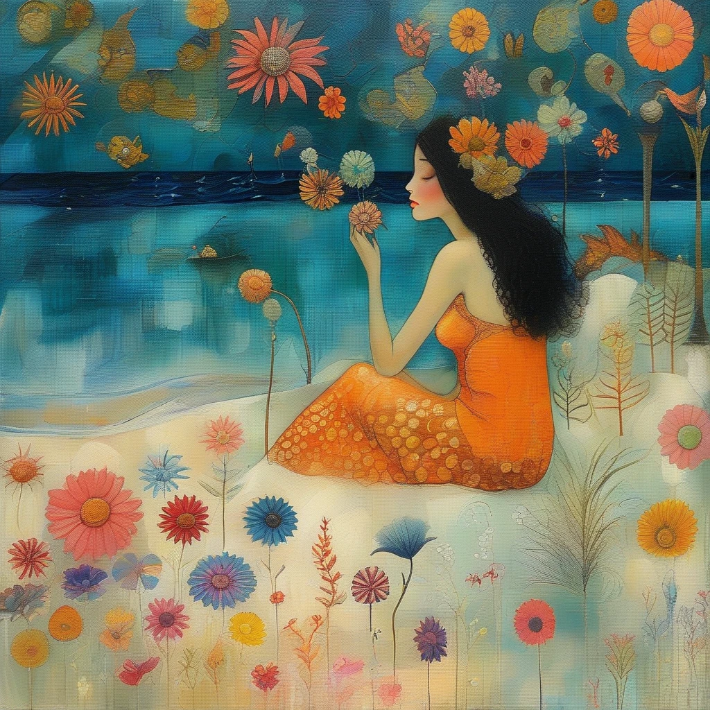 Art style by Klimt, Sam Toft, Florine Stettheimer, Dina Wakley, Catrin Welz-Stein, Gabriel Pacheco, Elisabeth Fredriks. mermaid, fishtail with silver scales, long black hair, lying by the sea. Around her a very large beach with pinwheels, coral-coral flowers
