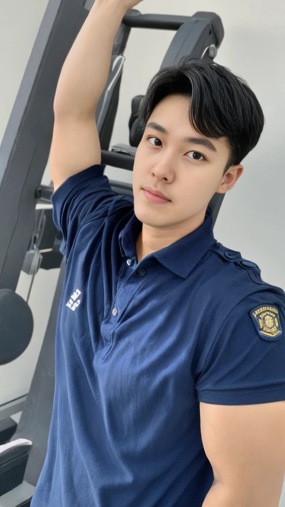 A male police officer in his 20s poses for a group photo., Wear a navy blue polo shirt., high resolution, Masterpiece, best quality, head:1.3,, Smooth and fine skin, clear focus, (movie light), during the night, gentle light, Dynamic angle, (detailed face:1.2), (((exercise))), sport, His arm muscles were very big., hand in crotch, in his bedroom ,natural and delicate,