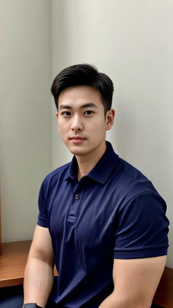 A male police officer in his 20s poses for a group photo., Wear a navy blue polo shirt., high resolution, Masterpiece, best quality, head:1.3,, Smooth and fine skin, clear focus, (movie light), during the night, gentle light, Dynamic angle, (detailed face:1.2), (((exercise))), sport, His arm muscles were very big., hand in crotch, in his bedroom ,natural and delicate,