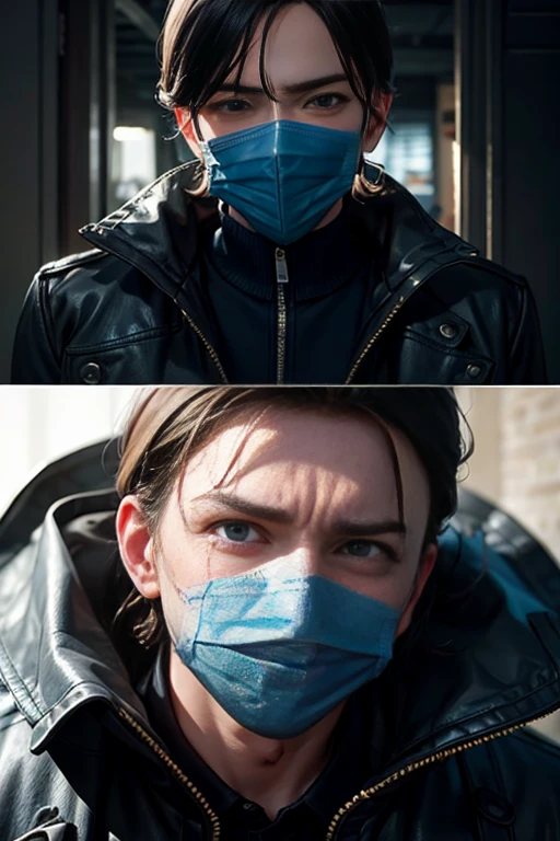 He wears a blue mask,With anger on his face,But he is crying,I'm wearing a black sweater with red stripes,Baggy black and jeans,His eyes and face are clearly defined.,His body ( Black sweater with red stripes,) Only Kobe appeared ( I have a blue mask) If you can show a full body image,The image effect is good
