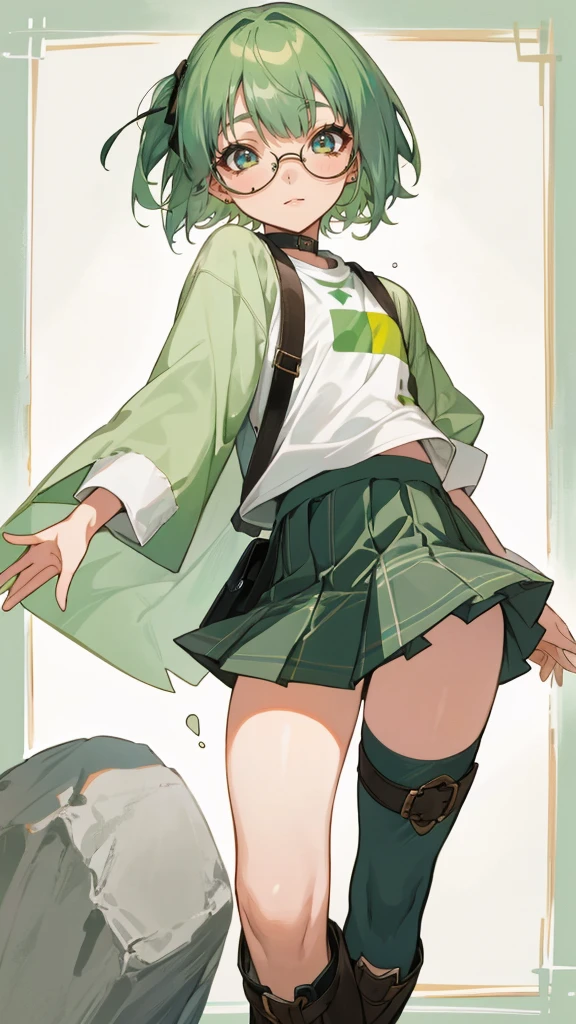 best quality, masterpiece, perfect anatomy, 4k, smile, One woman, Green hair, short cut, wearing glasses, innocent, lively, free-spirited, childlike smile, cute smile, Gentle feeling, rock fashion, pleated skirt, long boots