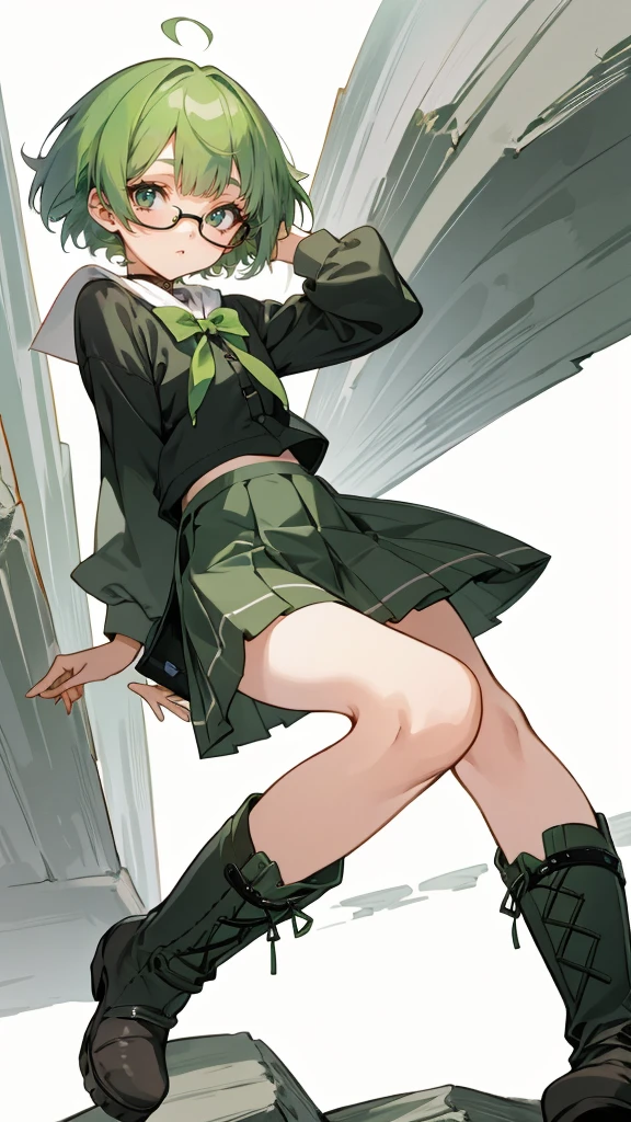 best quality, masterpiece, perfect anatomy, 4k, smile, One woman, Green hair, short cut, wearing glasses, innocent, lively, free-spirited, childlike smile, cute smile, Gentle feeling, rock fashion, pleated skirt, long boots