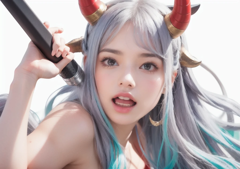 cute girl with has horns on the top of her head that are mostly red, realistic