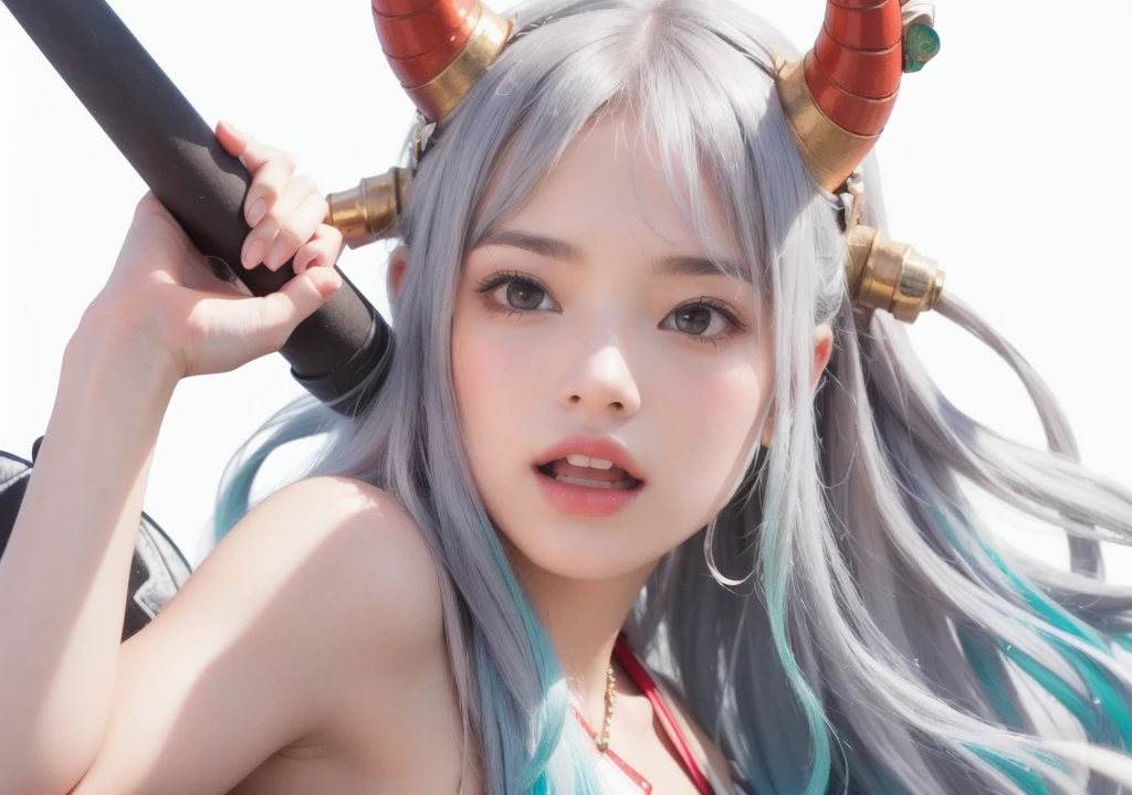 cute girl with has horns on the top of her head that are mostly red, realistic