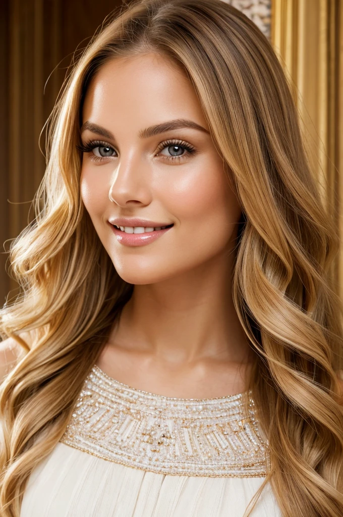 high resolution frontal photo portrait of a woman that has a radiant oval face with striking and captivating appearance, radiating elegance and charm. Her long, wavy blonde hair frames her face in an enchanting way, while her light brown eyes, reminiscent of honey, shine with intelligence and warmth. Her facial features are perfectly balanced, with an elegant nose and softly defined cheekbones. Her smile is radiant and contagious, lighting up the room whenever she enters. Her naturally full and rosy lips add a touch of seduction to her already captivating presence. Carolina meticulously cares for her appearance, maintaining flawless skin that radiates a healthy glow, with a golden undertone that enhances her natural beauty, style raw
