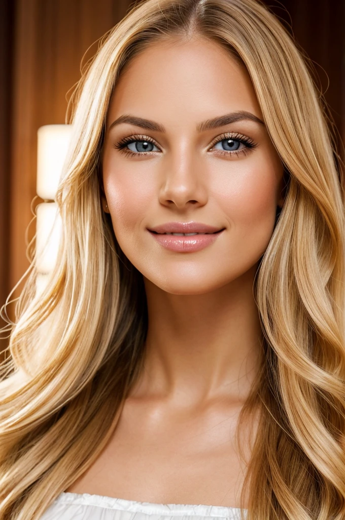 high resolution frontal photo portrait of a woman that has a radiant oval face with striking and captivating appearance, radiating elegance and charm. Her long, wavy blonde hair frames her face in an enchanting way, while her light brown eyes, reminiscent of honey, shine with intelligence and warmth. Her facial features are perfectly balanced, with an elegant nose and softly defined cheekbones. Her smile is radiant and contagious, lighting up the room whenever she enters. Her naturally full and rosy lips add a touch of seduction to her already captivating presence. Carolina meticulously cares for her appearance, maintaining flawless skin that radiates a healthy glow, with a golden undertone that enhances her natural beauty, style raw