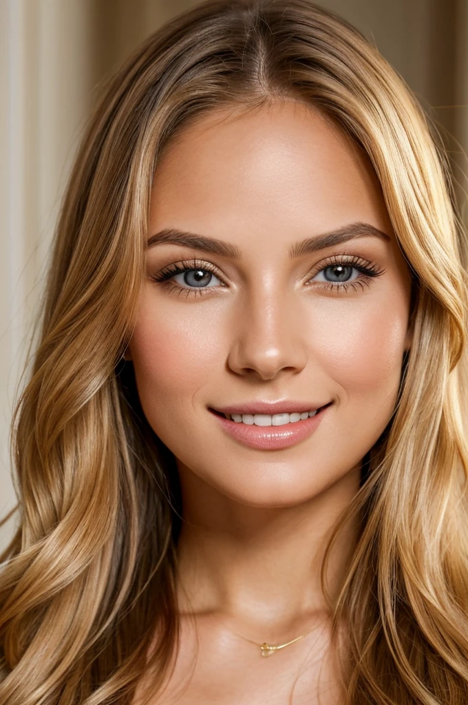 high resolution frontal photo portrait of a woman that has a radiant oval face with striking and captivating appearance, radiating elegance and charm. Her long, wavy blonde hair frames her face in an enchanting way, while her light brown eyes, reminiscent of honey, shine with intelligence and warmth. Her facial features are perfectly balanced, with an elegant nose and softly defined cheekbones. Her smile is radiant and contagious, lighting up the room whenever she enters. Her naturally full and rosy lips add a touch of seduction to her already captivating presence. Carolina meticulously cares for her appearance, maintaining flawless skin that radiates a healthy glow, with a golden undertone that enhances her natural beauty, style raw