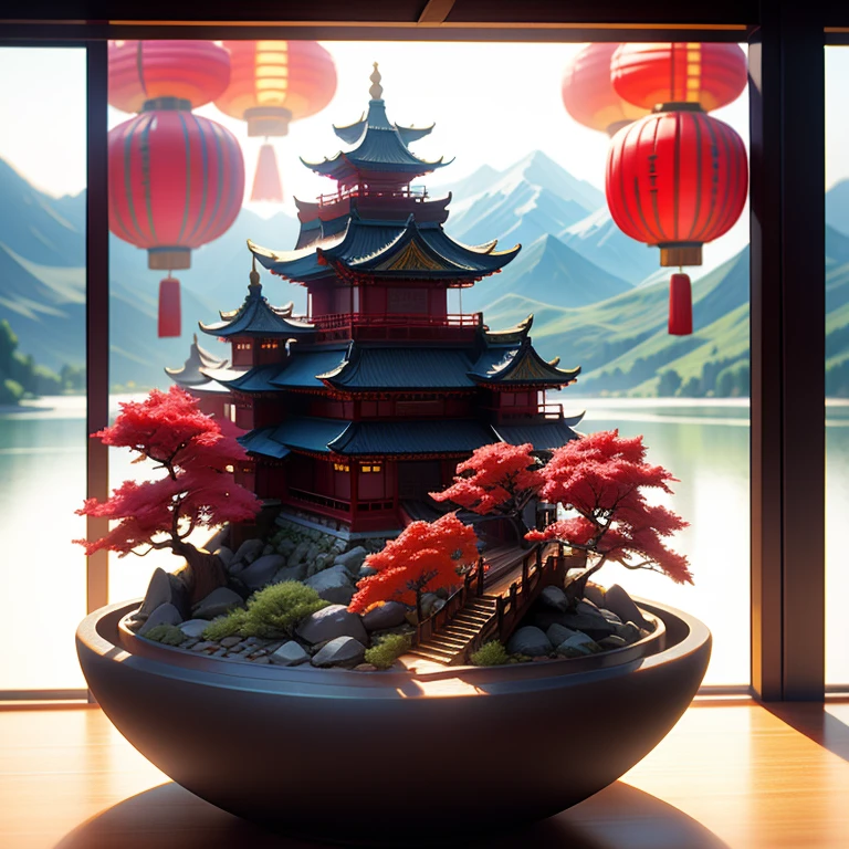 (White background), (Digital art,ink:1.2)， (Oriental elements, Chinese colors, Advanced color matching), (3D Sculpture，Rendered by Octane，Volumetric light，natural soft light), (Super exquisite:1.2, Loss of focus:1.2, colorful, movie lighting, Chiaroscuro,Ray tracing), Mountain, river, tree, Chinese architecture ,flower     