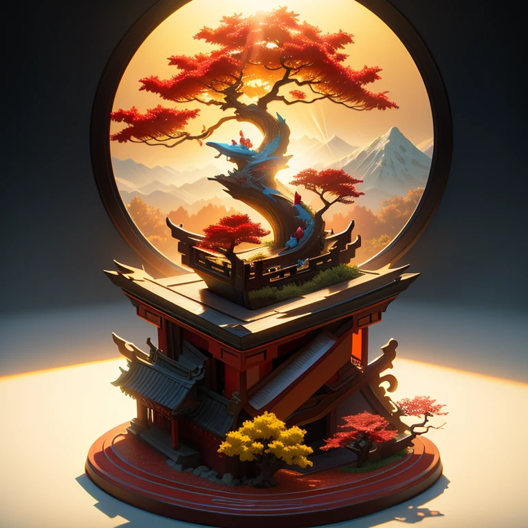 (White background), (Digital art,ink:1.2)， (Oriental elements, Chinese colors, Advanced color matching), (3D Sculpture，Rendered by Octane，Volumetric light，natural soft light), (Super exquisite:1.2, Loss of focus:1.2, colorful, movie lighting, Chiaroscuro,Ray tracing), Mountain, river, tree, Chinese architecture ,flower     