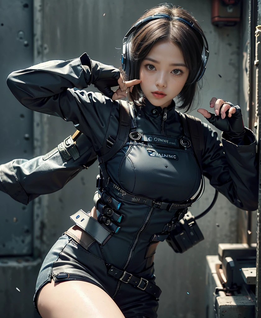 ((best quality, 8K, masterpiece: 1.3)), ((best quality)), Reality, Photorealism, Reality, high resolution, 1girl 用突击步gun瞄准, Fighting Stance, Looking at the camera, (Delicate face), short hair, (Wearing a red rubber suit, Tactical Vest, Military wiring harness, Black gloves, High-tech headphones), The color of the clothes is based on black and dark blue), Show your thighs, gun, Finger is blocked, concrete wall background,