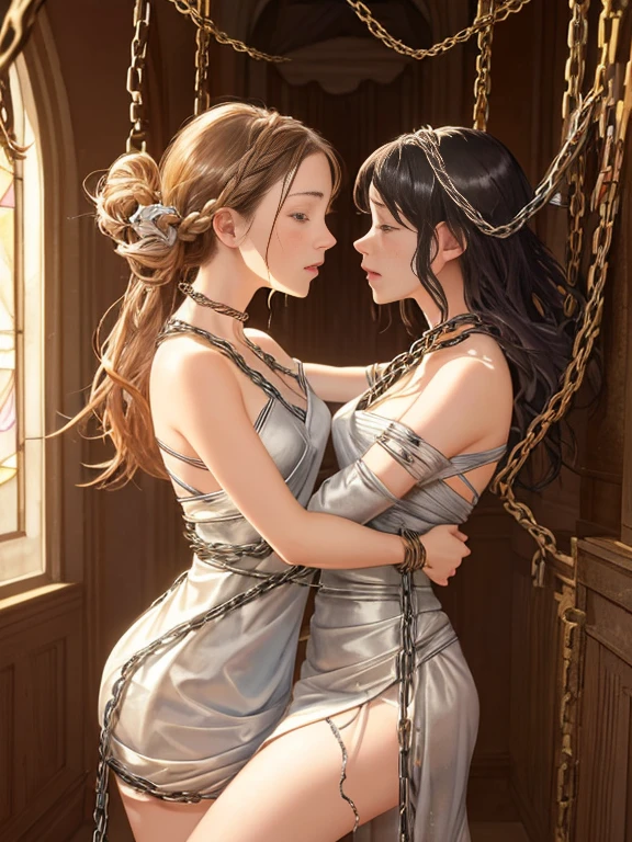 {(watercolor painting:1.2),(ultra realistic photo graphic style:1.1),(renaissance style:1.2)}, {(extremely detailed beautiful face and eyes and skin and hair)}, BREAK, {erotic face,anguish,(very ecstasy:1.2),(writhing:1.4),embarrassing,half open eye},{(very obscene pose:1.2),(arched back:1.2),(arch one's head:1.4)}, {(very Amazing mini length dress:1.2), (very beautiful mini length dress:1.2),(wet clothes:1.2)}, BREAK, {(many chains from the ceiling:1.4), (chain shibari:1.3),(chain bondage), (chain restraint),(wrap limbs with chains:1.8),(chain bind body),(chain in collar:1.2), confinement, shackles}, BREAK, {(2 woman, medium breasts, (lick each other:1.2, saliva), braid hair intricately)},{dynamic low angle view}, {(palace throne room:1.2),(glowing stained glass:1.2)}, BREAK,{(glowing tears:1.1),(pure white skin:1.1)}