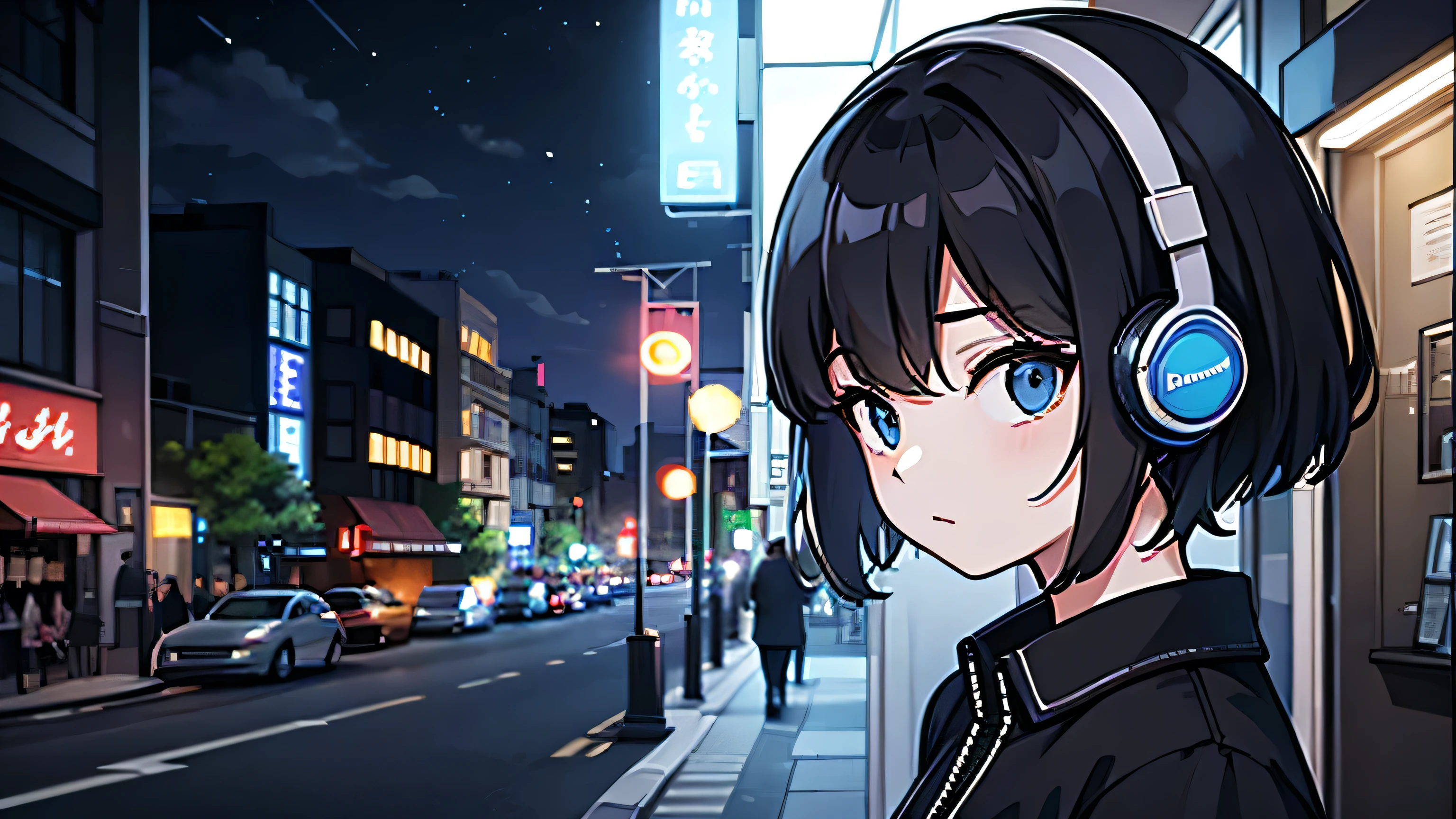 Black short Hair, Black Clothing, One Adult Woman Looking Sideways ,Blue headphones、 City of night, Delicate background、Masterpiece、Night Town、night、dark、Nostalgic、City