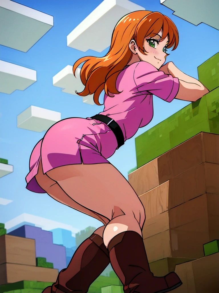 (masterpiece, best quality, ultra HD anime quality, super high resolution, 1980s / (style), anatomically correct, perfect anatomy), (side view, from below), looking into the camera, minecraft,
(alex), one girl, solo, realistic,
orange_hair, facial_hair, long_hair, green_eyes, blush, smiling, chest, pink_shirt, white_belt, pink_skirt, brown_boots, tsuruhashi, clouds, day, sky, blue_sky,