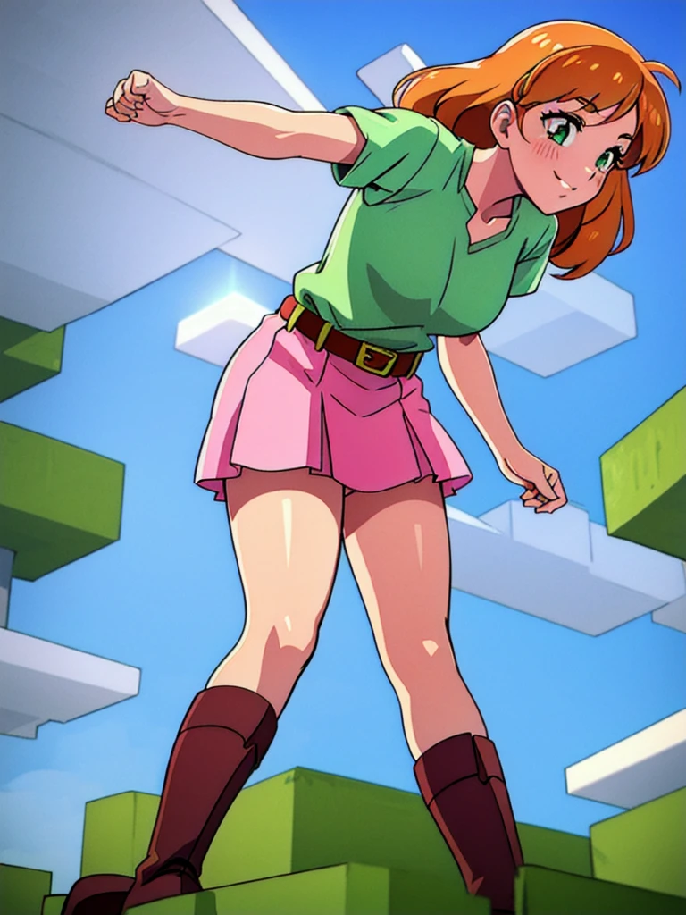 (masterpiece, best quality, ultra HD anime quality, super high resolution, 1980s / (style), anatomically correct, perfect anatomy), (side view, from below), looking into the camera, minecraft,
(alex), one girl, solo, realistic,
orange_hair, facial_hair, long_hair, green_eyes, blush, smiling, chest, pink_shirt, white_belt, pink_skirt, brown_boots, tsuruhashi, clouds, day, sky, blue_sky,