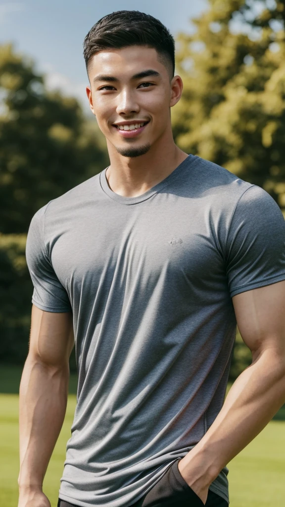 Tony Labrusca, (As a matter of fact, Masterpiece, 8k HD, good light quality, sportswear, fit the face, complicated details), A handsome, muscular young Korean man. , 20 years old, be happy, smile brightly, detailed face, delicate eyes, มองดูsky, Wearing a tight gray t-shirt, period, black eyes, Black hair color, ผมsmooth, smooth, outdoor sports, Along the garden, Sunny,sky，Surreal，Awesome details，Highest quality，real，