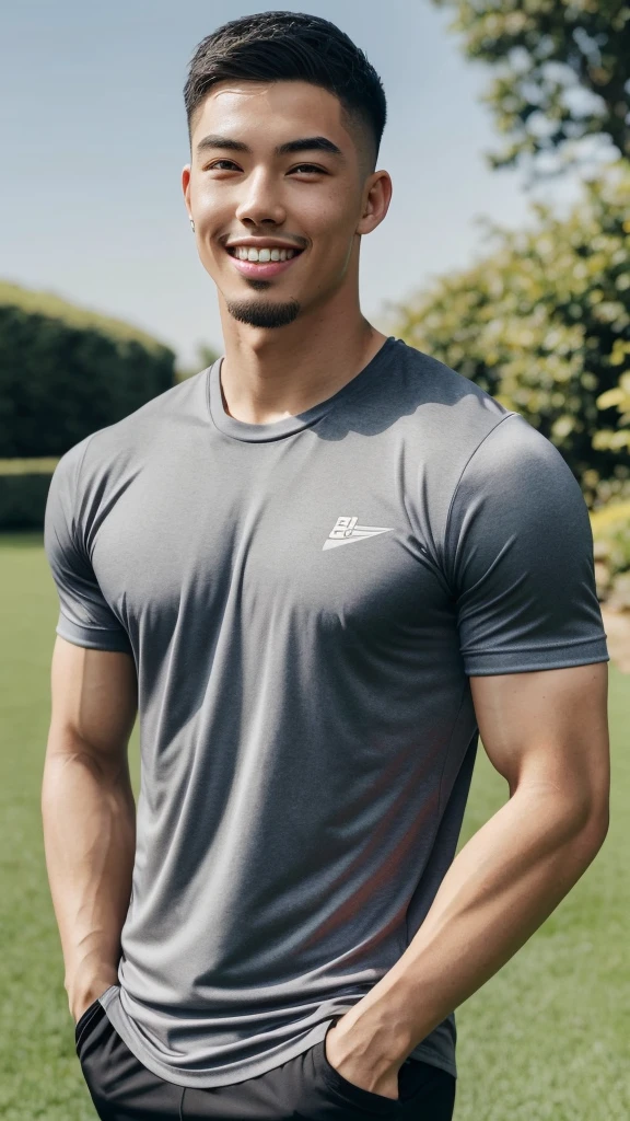 Tony Labrusca, (As a matter of fact, Masterpiece, 8k HD, good light quality, sportswear, fit the face, complicated details), A handsome, muscular young Korean man. , 20 years old, be happy, smile brightly, detailed face, delicate eyes, มองดูsky, Wearing a tight gray t-shirt, period, black eyes, Black hair color, ผมsmooth, smooth, outdoor sports, Along the garden, Sunny,sky,Surreal,Awesome details,Highest quality,real,