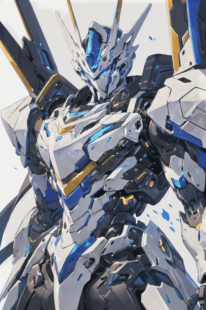 [(WHITE BACKGROUND:1.5)], nijimecha,Blue mech standing,mech with heavy armor,thick limbs,energy core,power armor,full armor,best quality,masterpiece,no human being,v-fin,bule theme,(upper body)