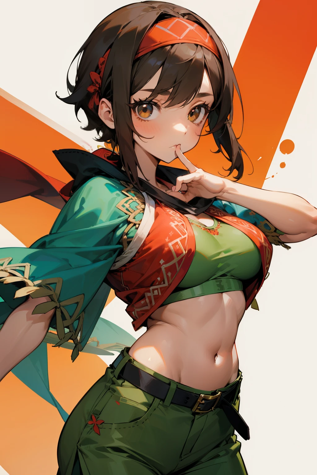 Cute girl, Shawl and headband, Brown eyes, Red short-sleeved shirt, Short green pants, , Decorations and embroidery on clothes, Black belt, exposed stomach