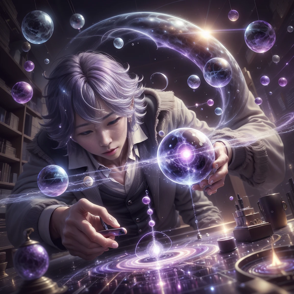 50 years old、computer使ってる、supernatural magic , Mental Energy , Manaflow, Sparkling, Esper, background, fly in the sky, computer、A magician using a smartphone、
Shining Eyes, magician, Shiny Hair , ,whole body,